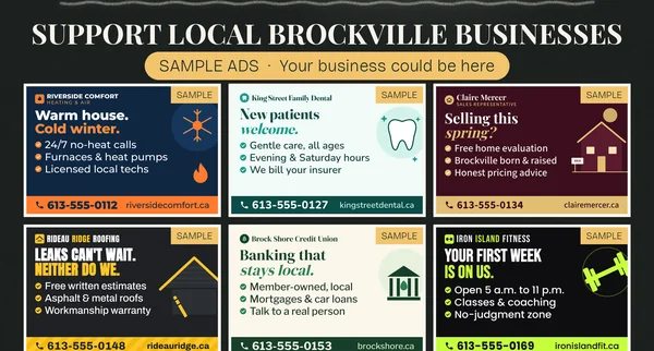 Close-up of the board's ad section: six sample ads, each tagged Sample, in a three-by-two grid under Support Local Brockville Businesses and a label reading Sample ads, your business could be here.