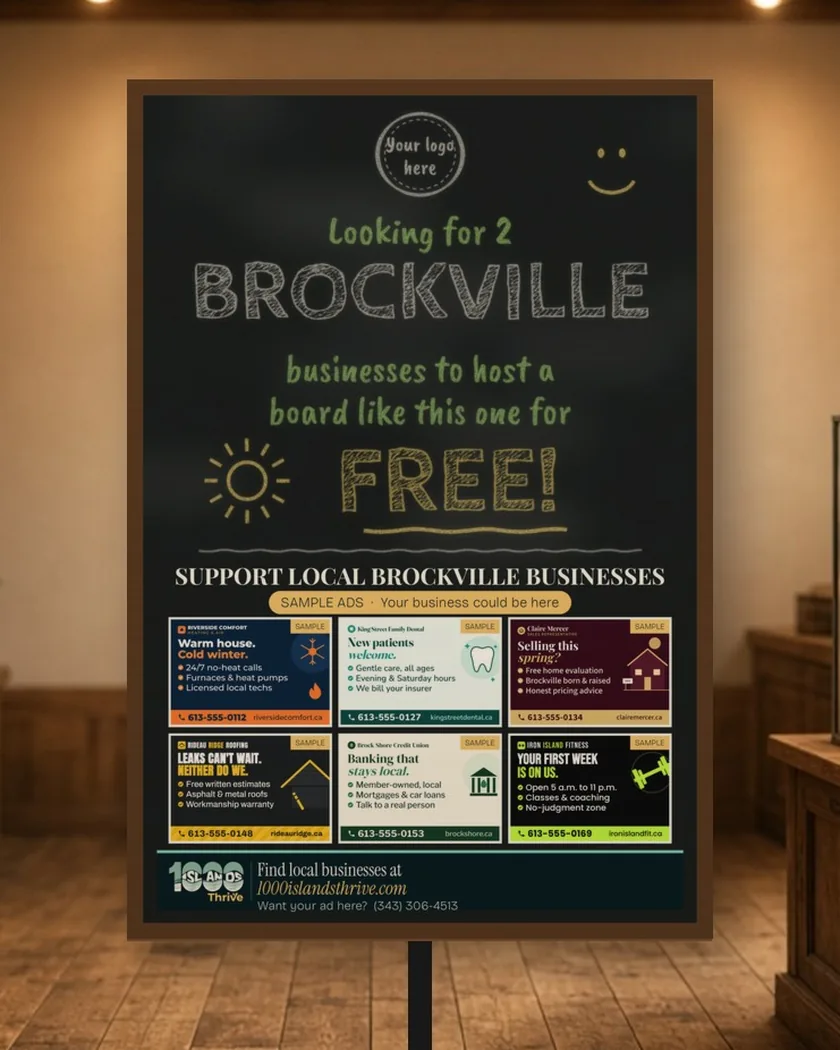 A community board on a stand in a Brockville bakery. A round chalk circle at the top reads Your logo here. The chalkboard reads: Looking for 2 Brockville businesses to host a board like this one for FREE! Below, under Support Local Brockville Businesses and a label reading Sample ads, your business could be here, are six sample ads, and a 1000 Islands Thrive banner runs along the bottom.